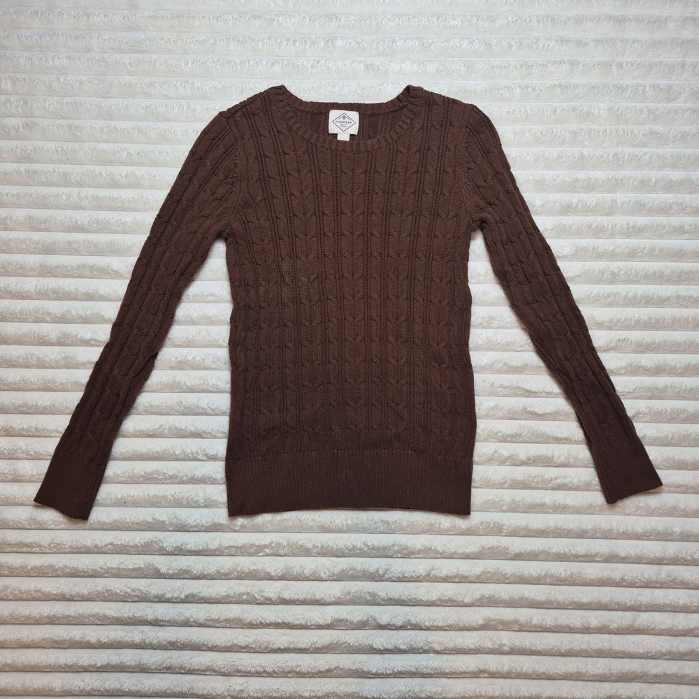 St Johns Bay Womens Brown Cable Knit Sweater Crew Neck Cotton Blend Size S - Picture 1 of 6